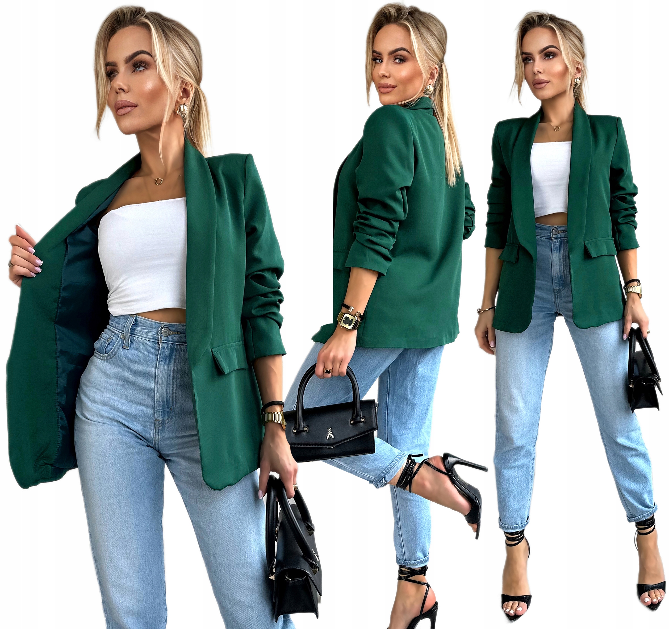 Butelkowa zieleń Marynarka Damska Żakiet drapowane rękawy 44