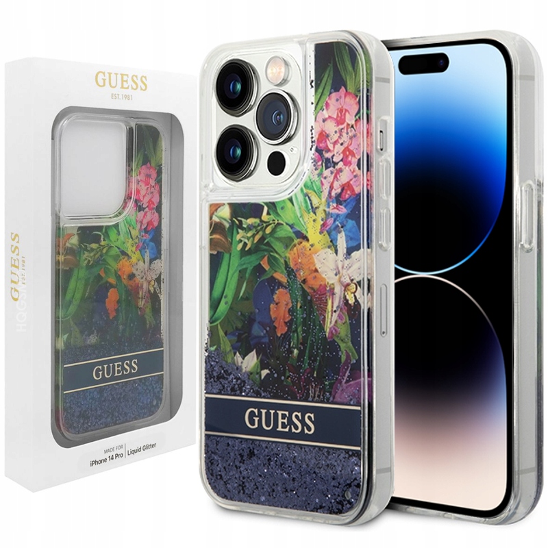 Pouzdro Guess Glitter Jungle pro Apple iPhone 14 Pro, třpytky, květina
