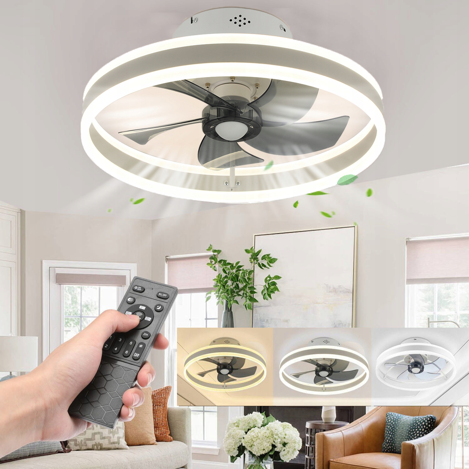 ŻYRANDOL Z WENTYLATOREM SUFITOWYM 50W LAMPA PIERŚCIENIOWA 50CM PLAFON