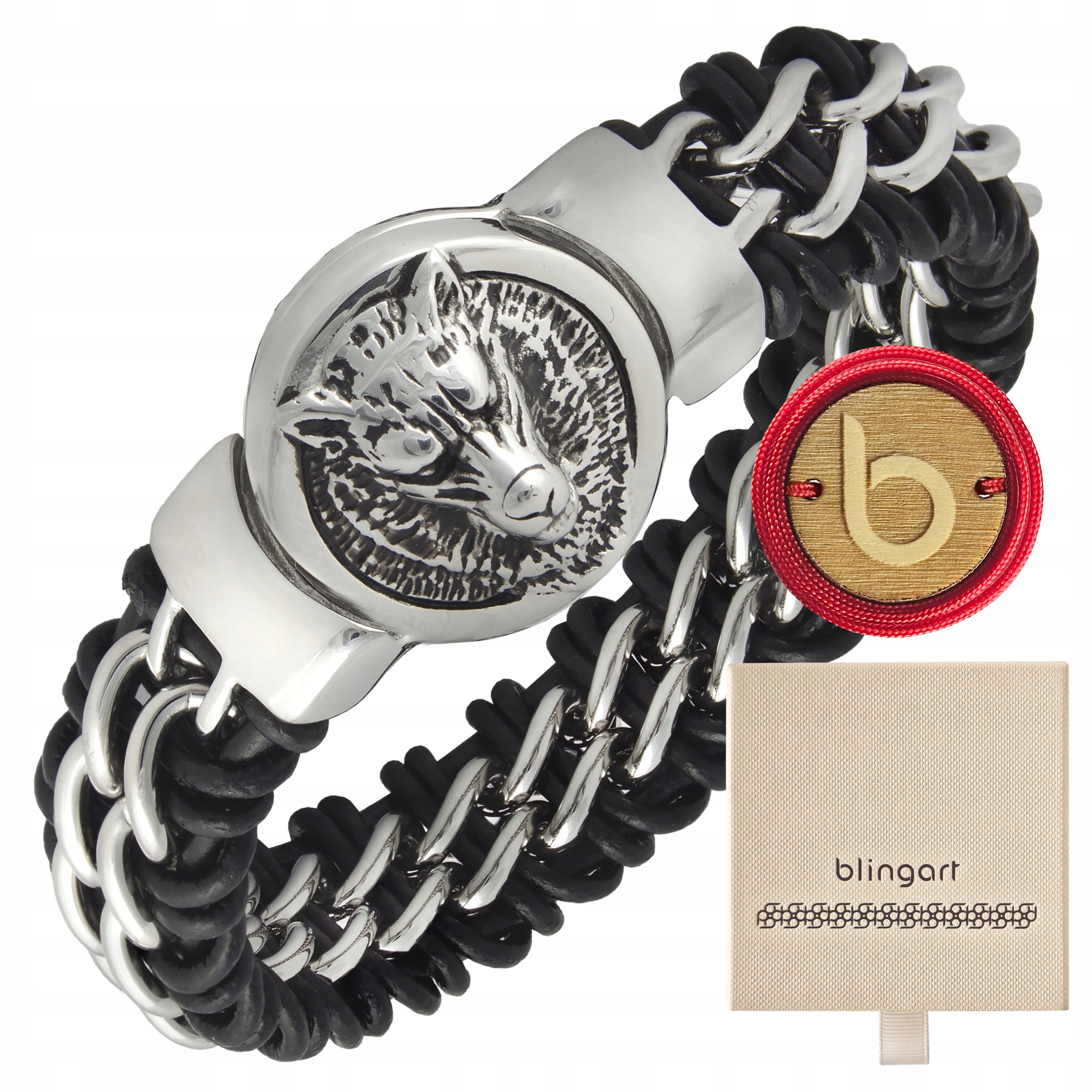 Pánský náramek kožený, široký, pletený, černý Vlk s gravírováním Blingart