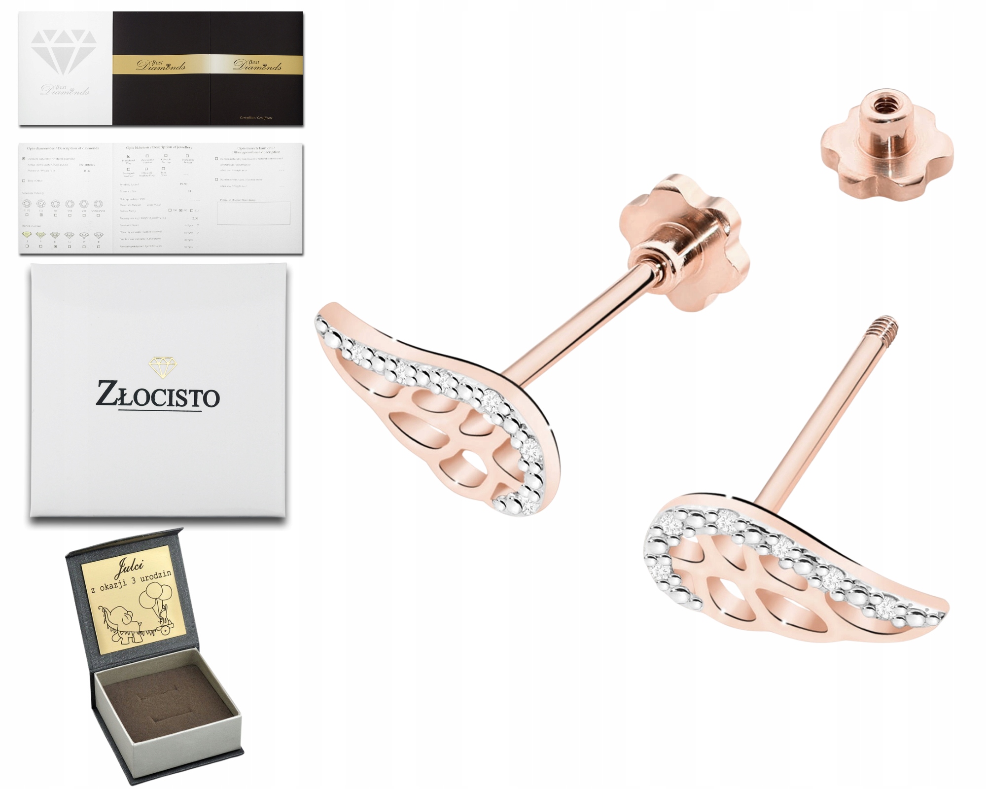 Růžové Zlato Náušnice S Křídly A Brilianty Na Šroubovací Tyči Zlato 585