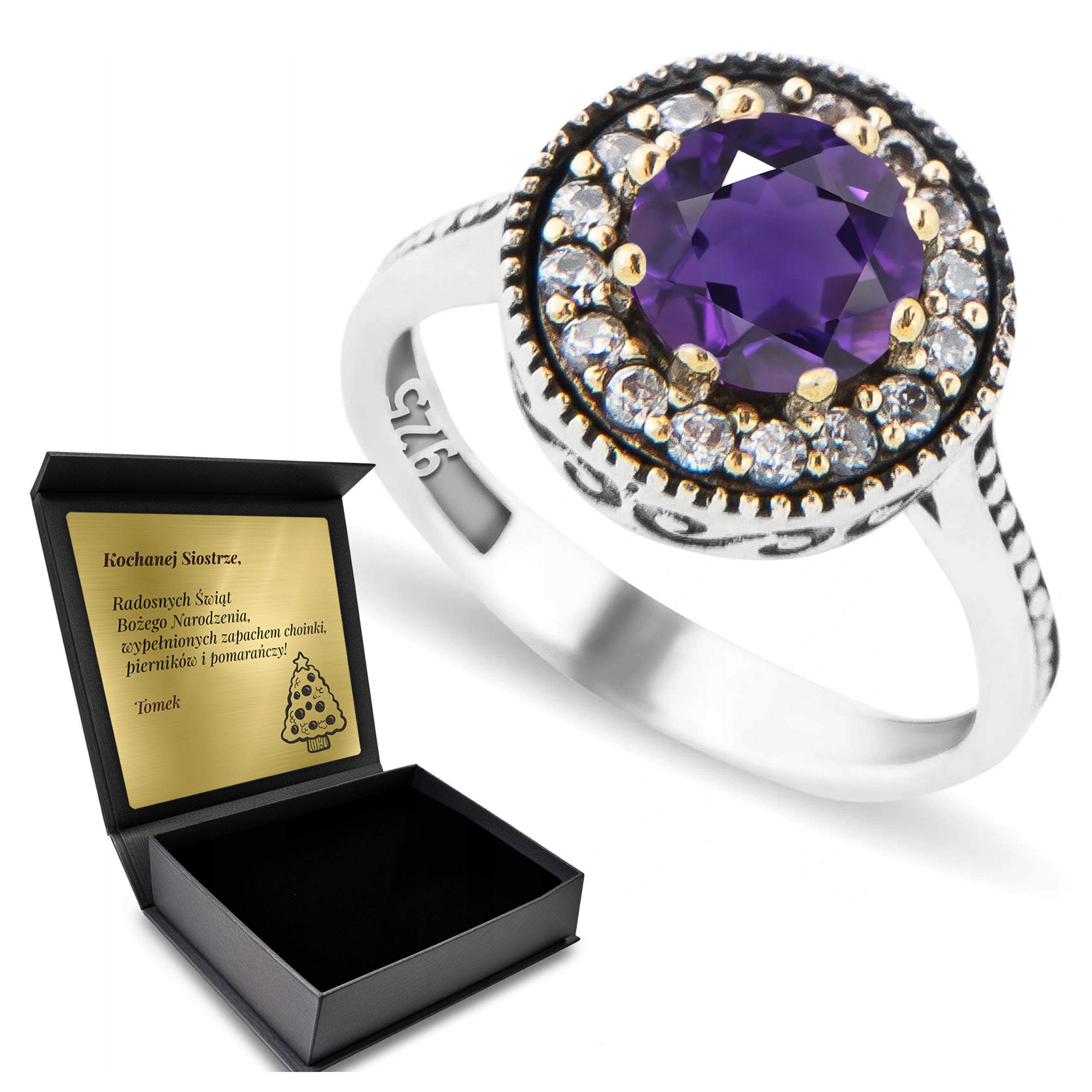 Prstýnek 925 S Ametystem A Zirkony pro ženy Gravírování