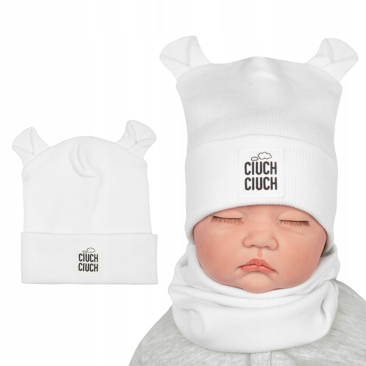 

Czapka Z Uszami Prążek biała Wiosna Jesień 44-46cm