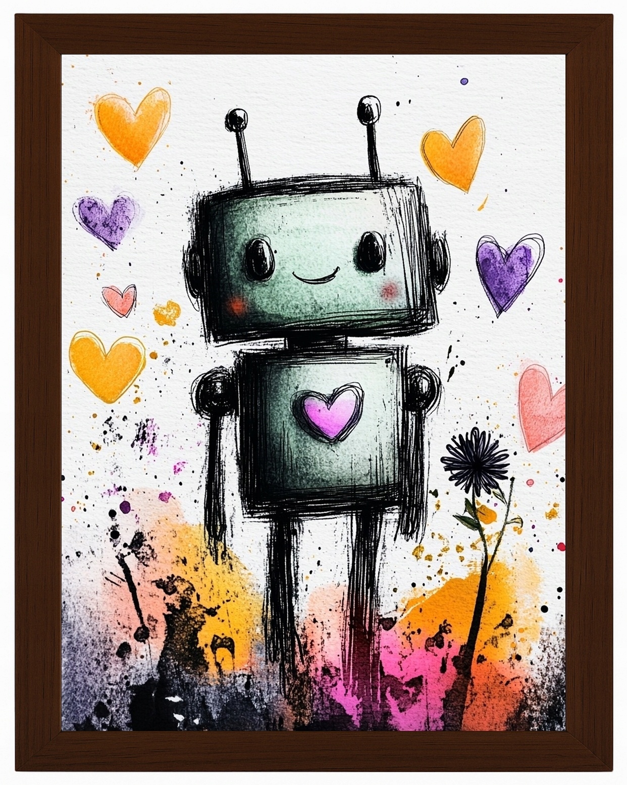 Plakát Rámeček Dřevo Grafika Portrét Robot Android Srdíčko 60x80