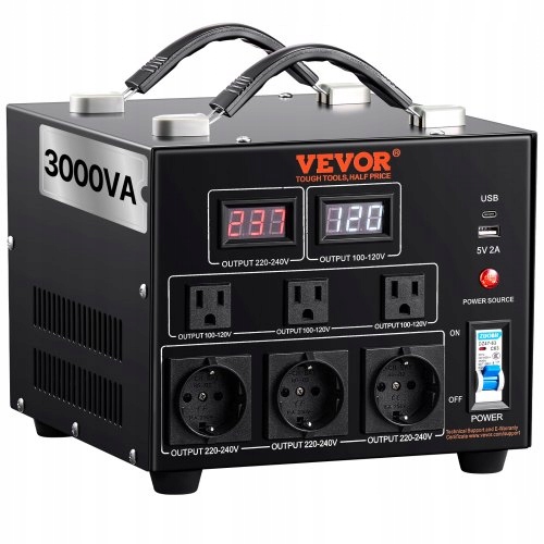 Vevor Konvertor Napätia 3000W 110V 220V Transformátor 3 Zásuvky Usa