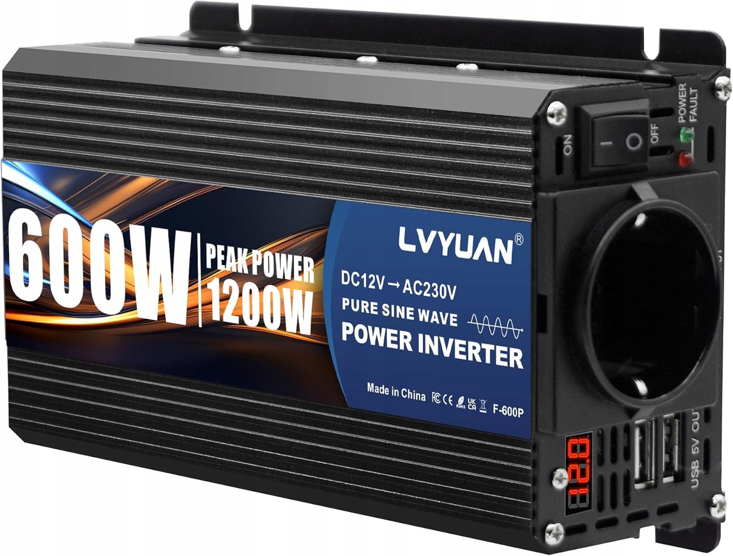 Menič napätia 12 V – 230 V, modifikovaný sínus, 600 W/1200 W, 2 porty