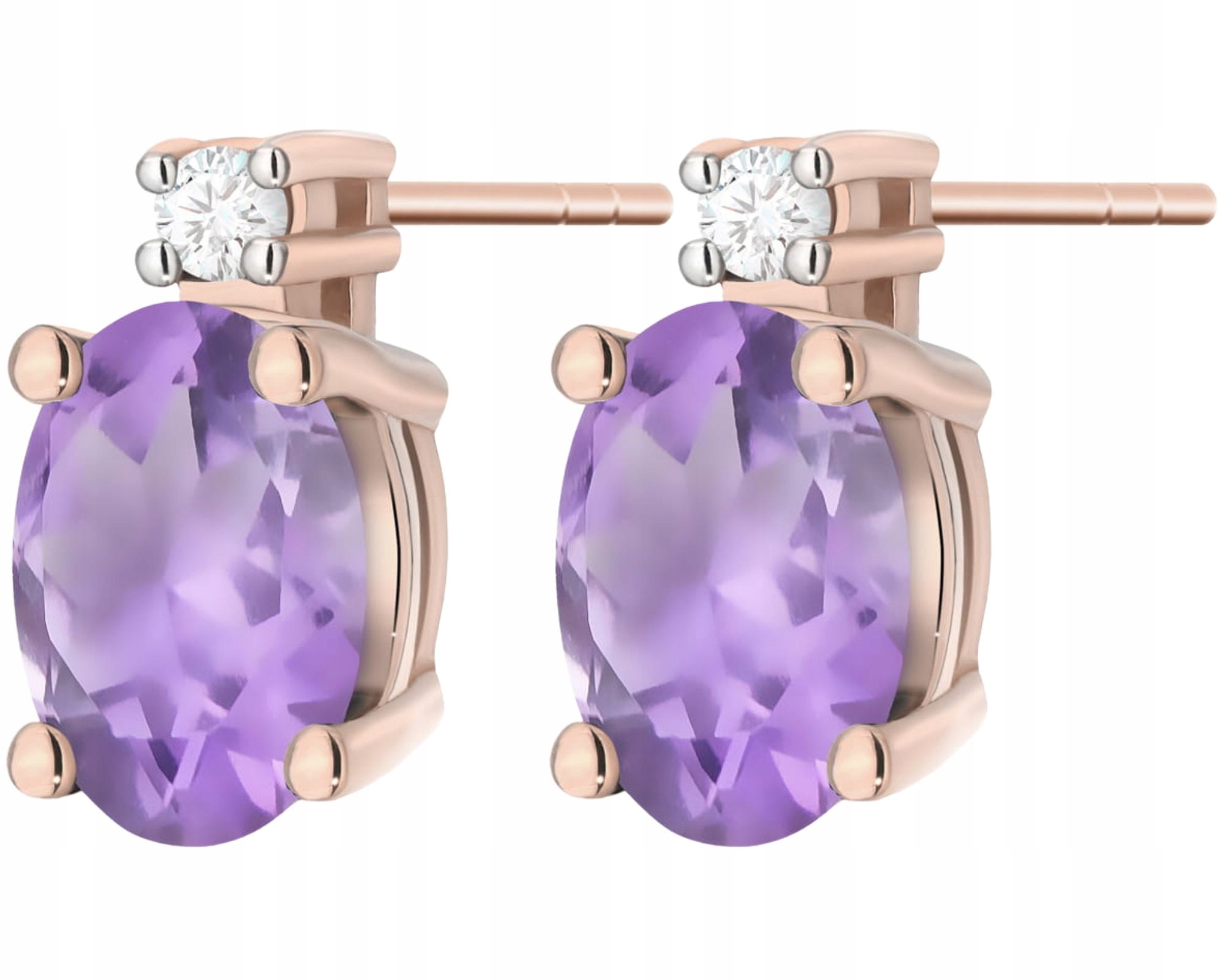 Růžové Zlato Náušnice S Ametystem A Brilianty, Zlatá Tyčinka 585