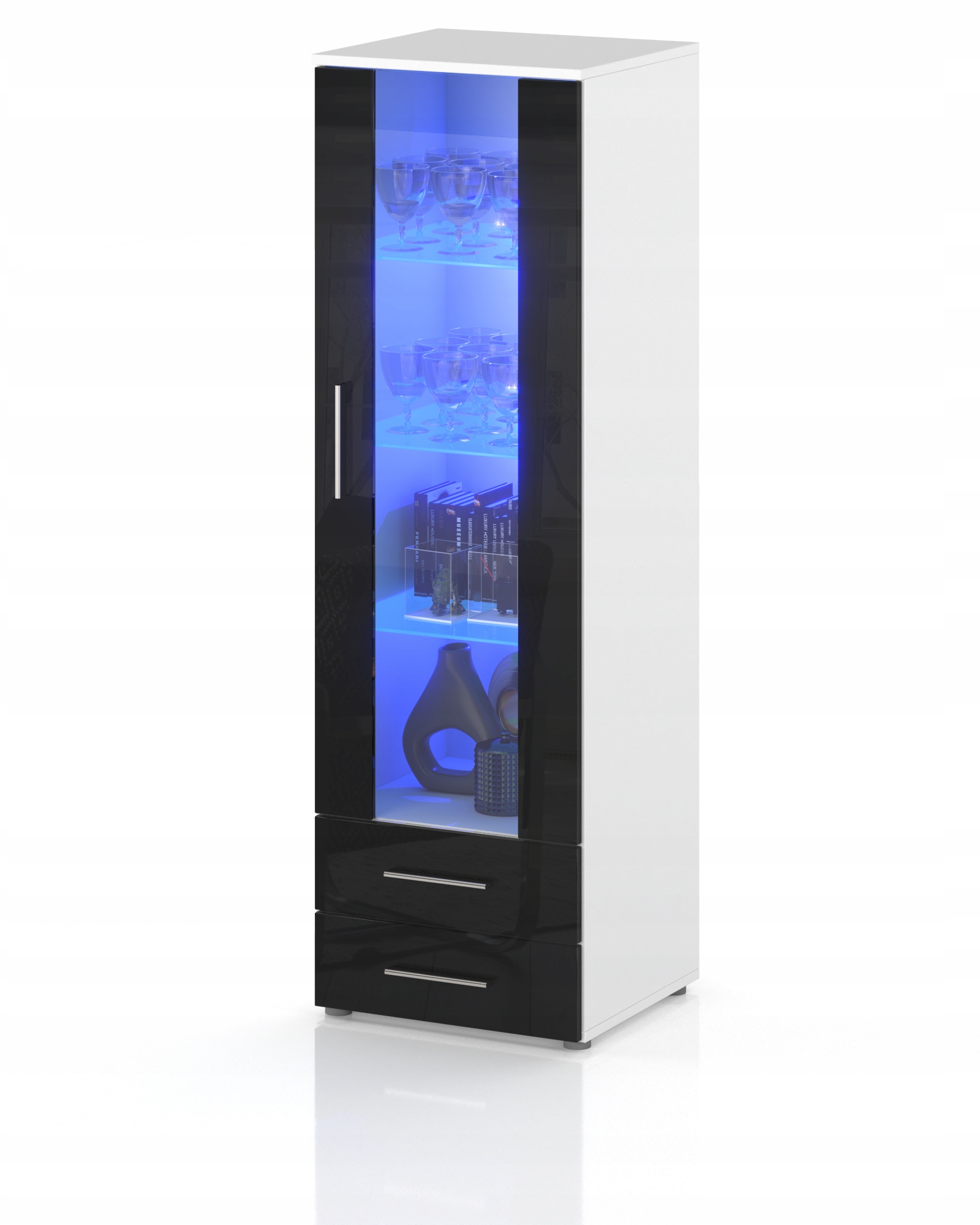 WITRYNA STOJĄCA KOMODA SŁUPEK Z SZYBĄ BIAŁY MAT CZARNY POŁYSK LED 60cm
