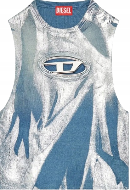 Diesel Modrý Dámský Top Bez Rukávů S Logem A Stříbrným Vzorem