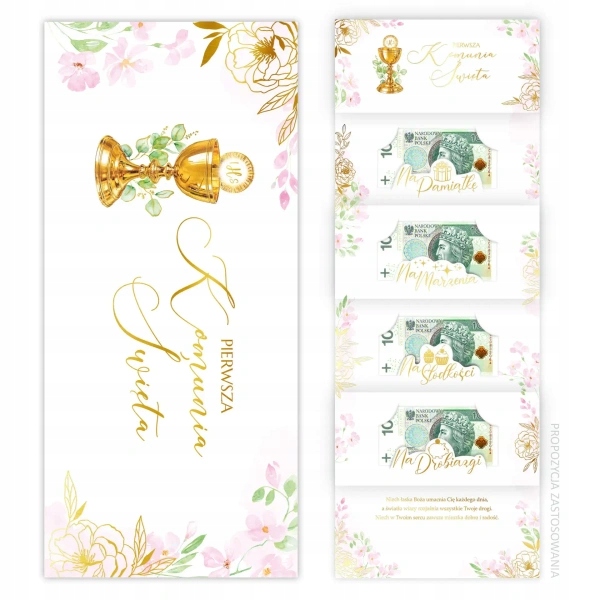 KARNET KOMUNIJNY NA BANKNOTY PAMIĄTKA PIERWSZA KOMUNIA ŚWIĘTA RÓŻOWY