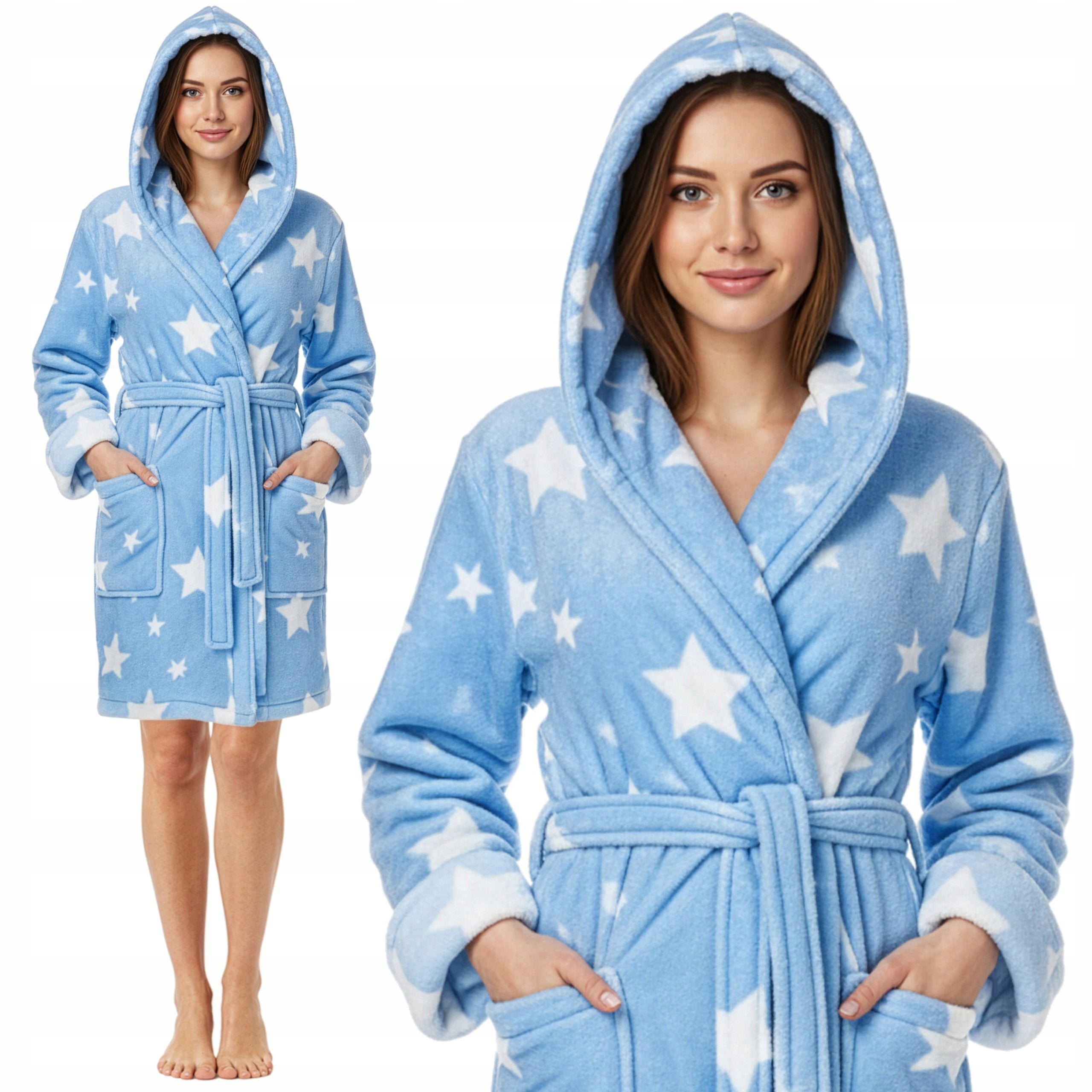 Huňatý, teplý a heboučký dámský župan s kapucí L/XL Hvězdičky