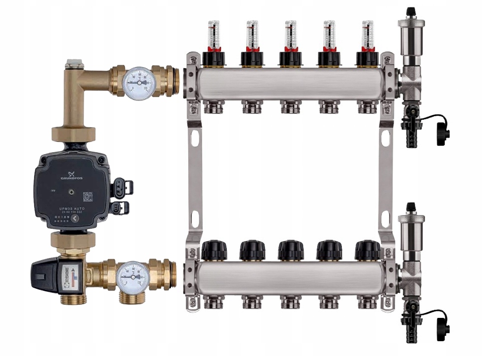 Rozdeľovač na podlahu 5 sekcií nerezový na vykurovanie Čerpadlo Grundfos
