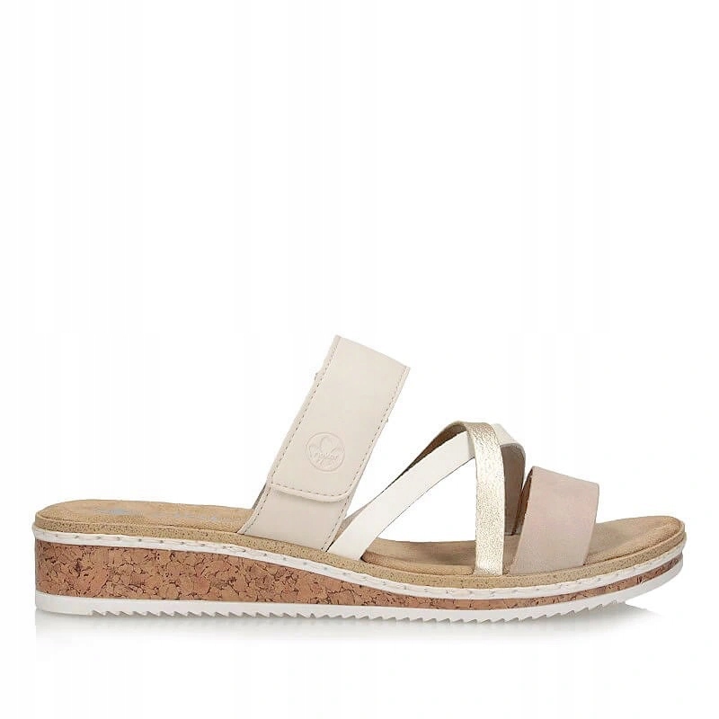 Nazouváky pantofle Rieker V3652-94 béžové na suchý zip na klínku