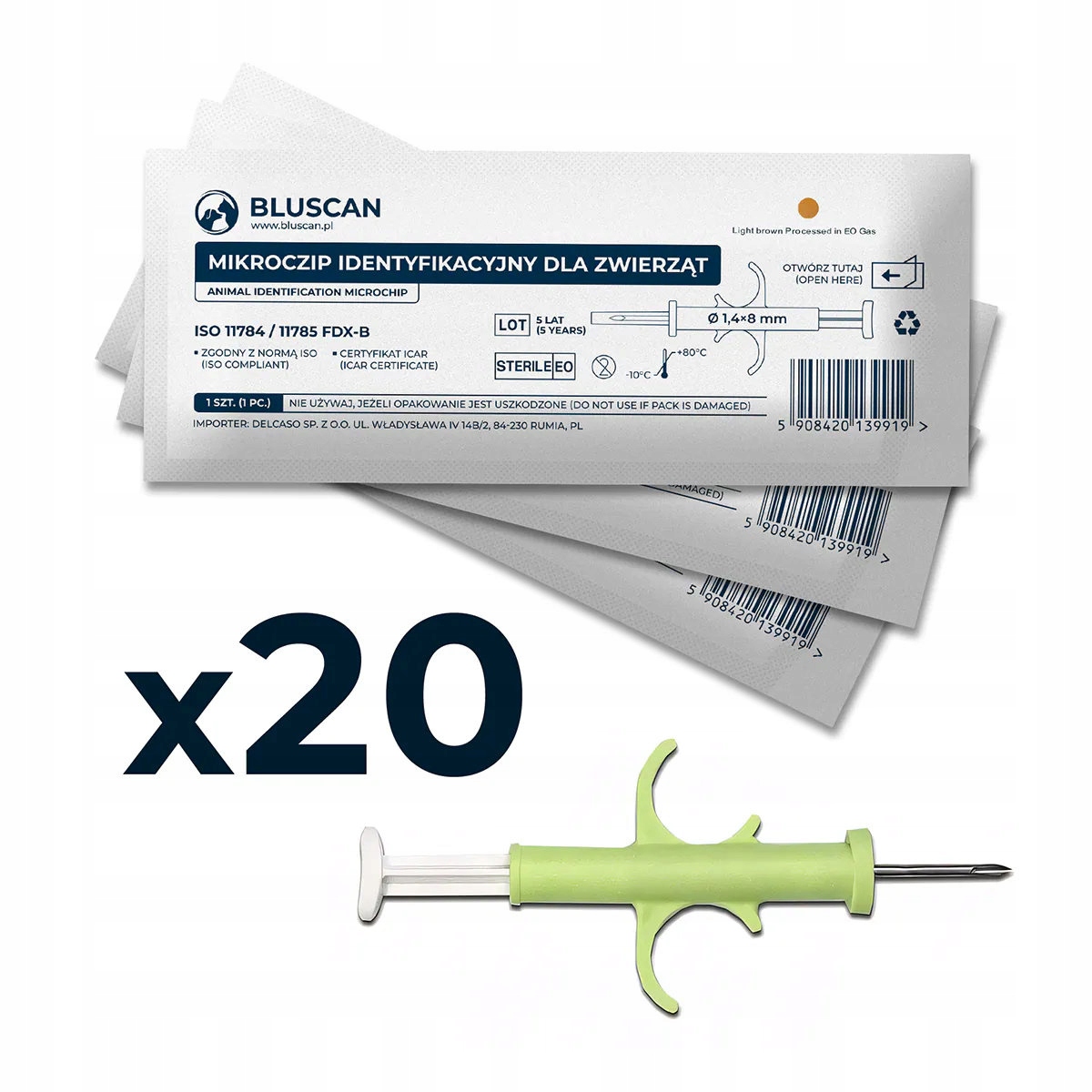 Bluscan Mikroczip Microchip Chip Czip Rfid dla psa kota zwierząt 12mm 20szt