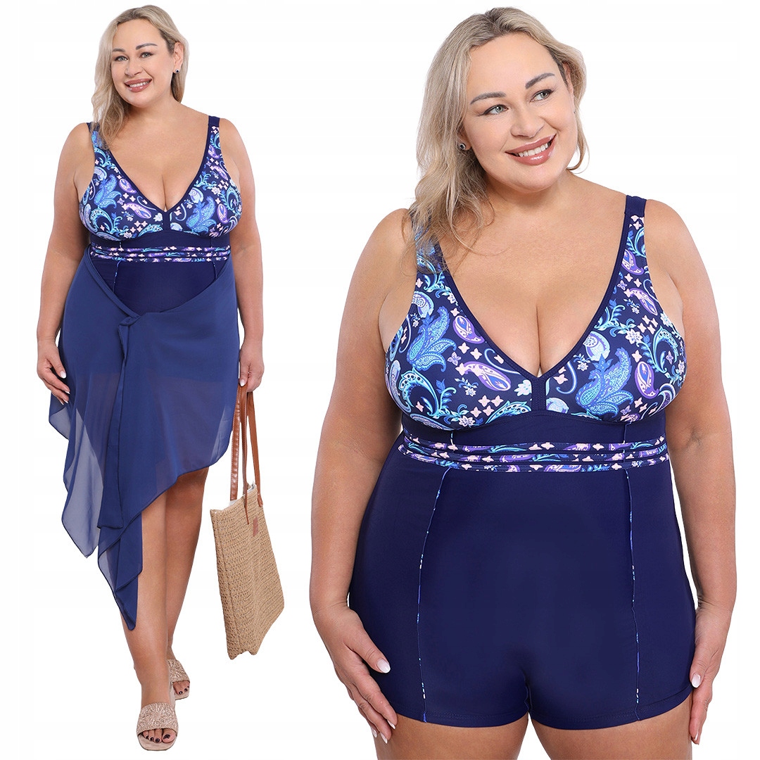 Jednodílné modré plavky s fialovými vzory plus size velikost