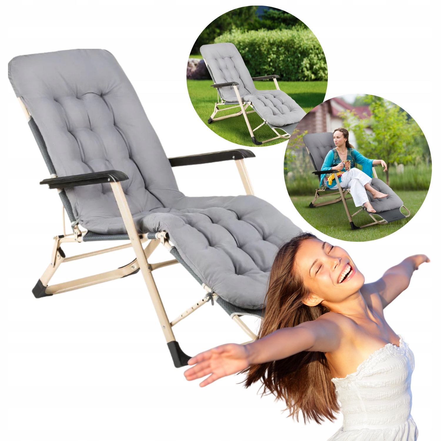Leżak ogrodowy fotel składany turystyczny z poduszką szary design