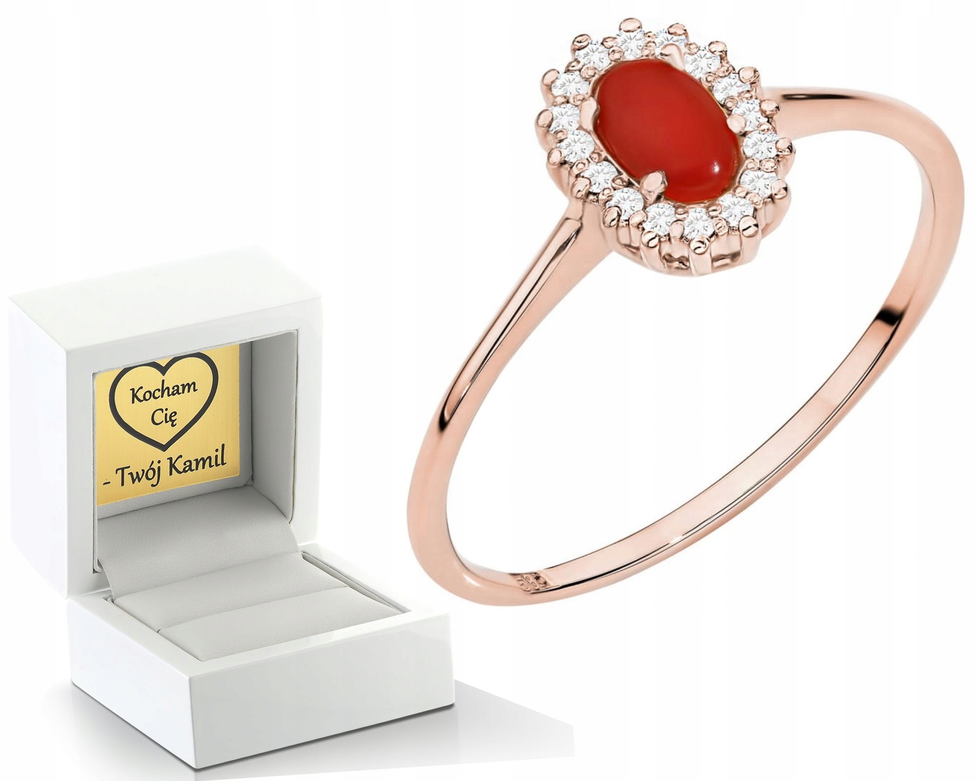 Růžové Zlato Prstýnek S Červeným Korálem A Diamanty 585 Jako Dárek