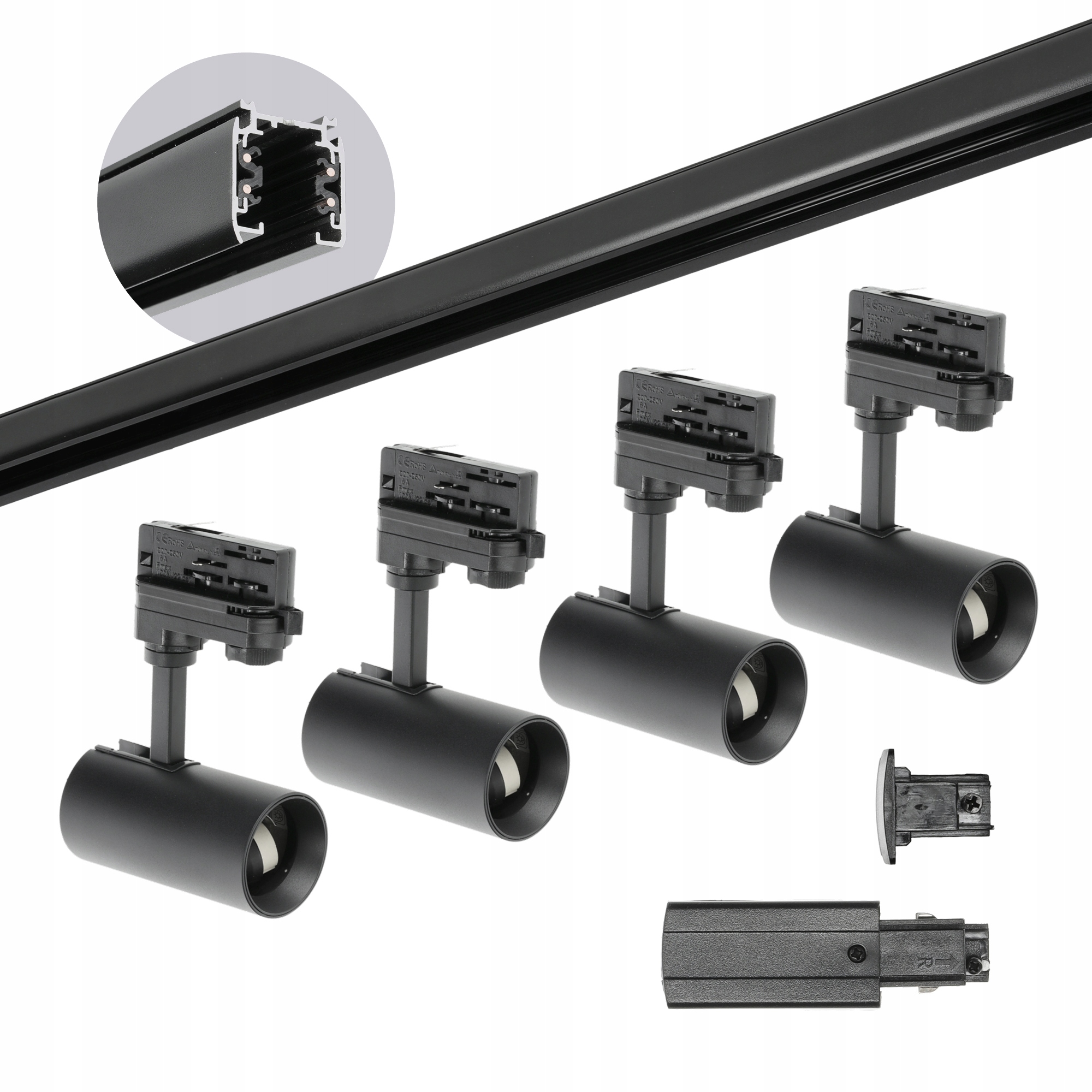 Zestaw Oświetlenie Szynowe 3 Fazowe 2m + 4 oprawy na GU10 + Zasilanie Prawe