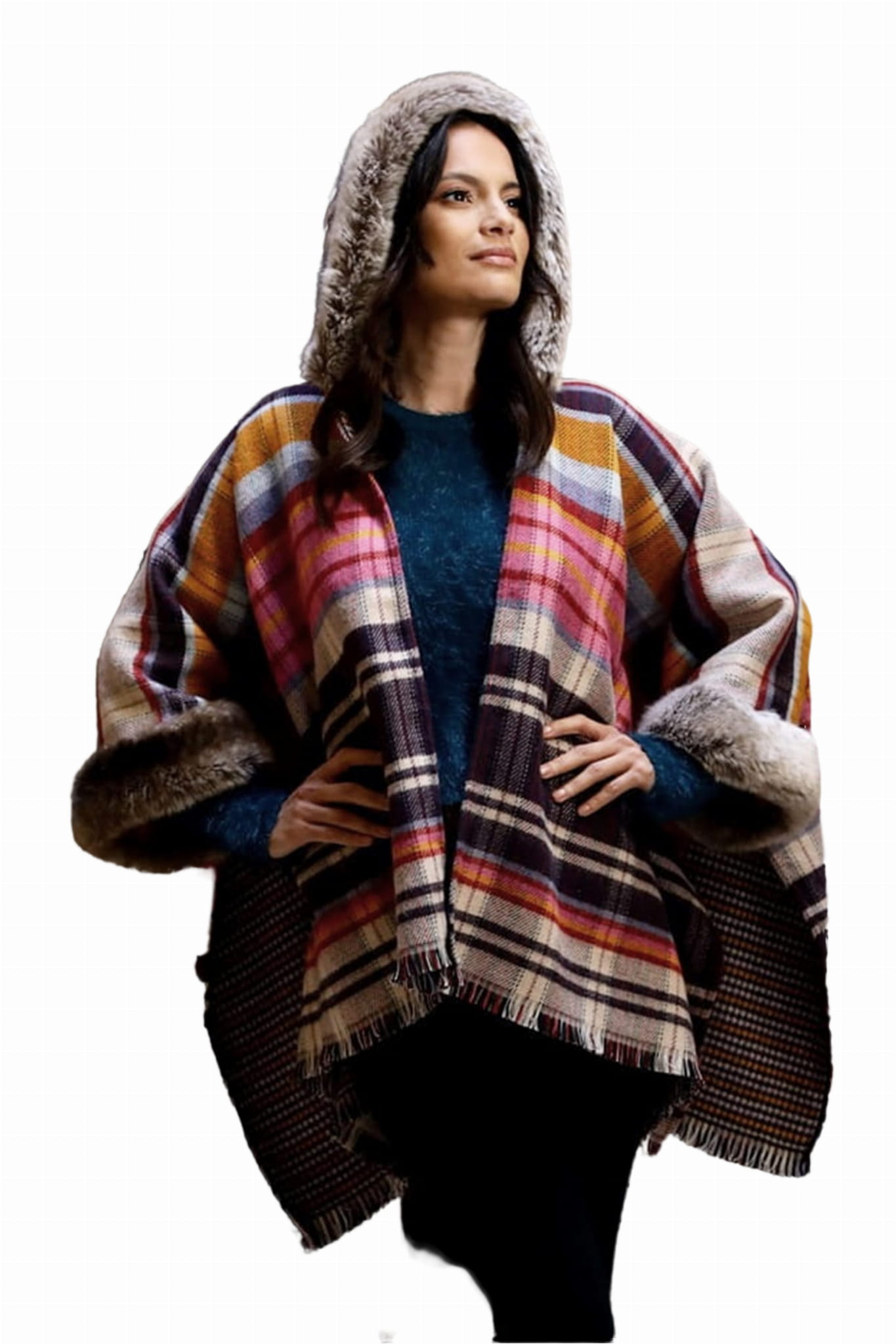 Ponczo Kaptur-Futro JACKET SOFT z kolorem różowym, KAMEA