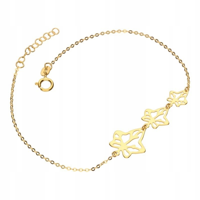 Zlatý dámský náramek 585 s třemi prolamovanými lístky na jemném řetízku 14K
