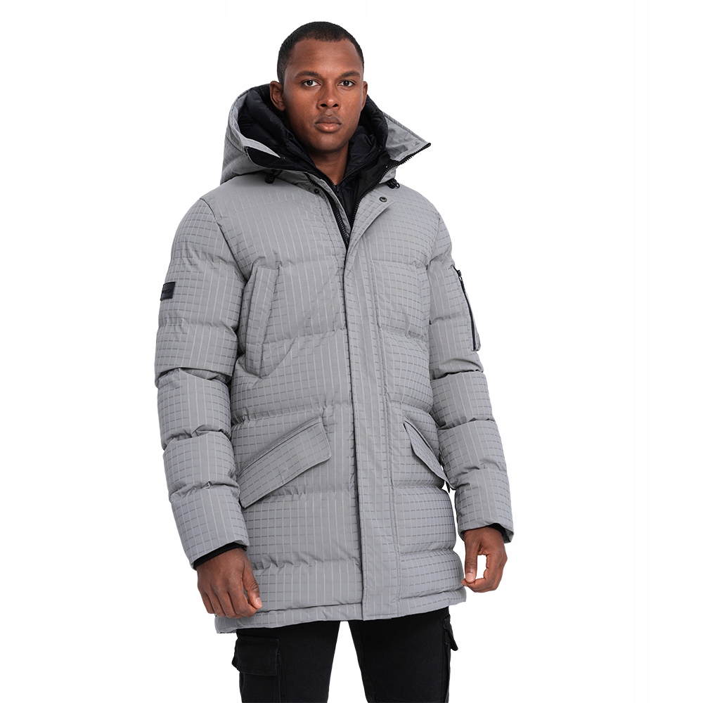 Pánská dlouhá parka s texturou šedá V2 OM-JALJ-0201 S