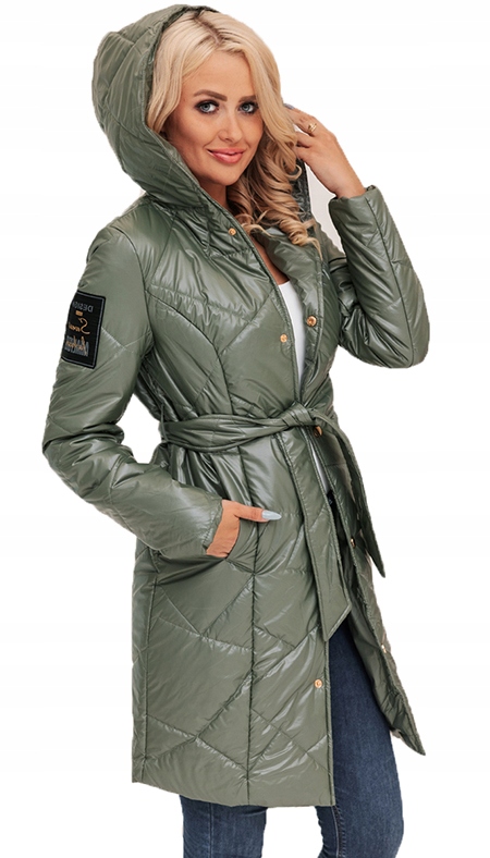 DŁUGI PIKOWANY PŁASZCZ Z PASKIEM PRZEJŚCIOWY XXL Odcień khaki