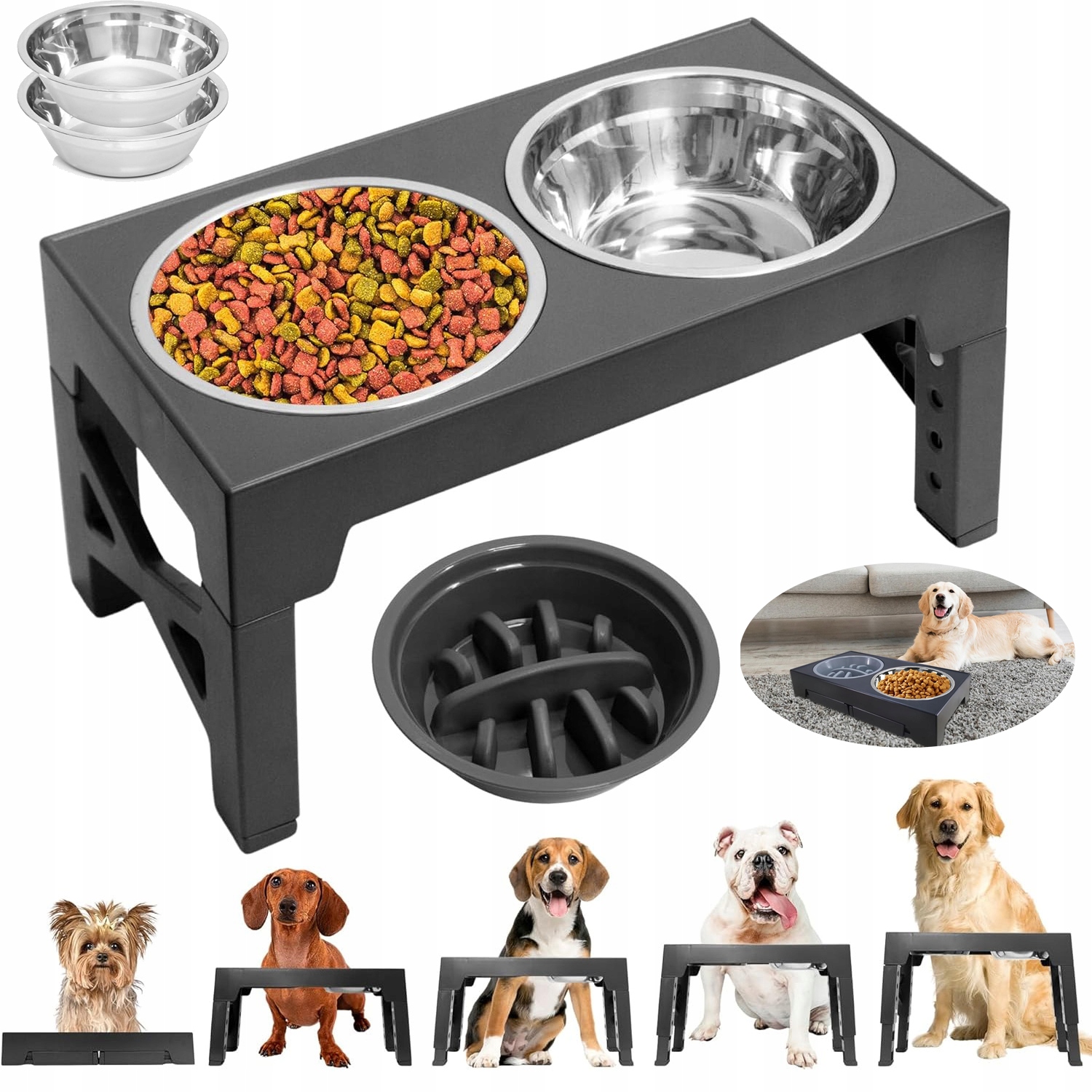 Levně Misky Pro Psa Na Stojanu, Dvojitá Miska S 5 Rychlostními Stupni, Nastavitelná Protiskluzová