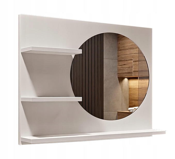 Zrcadlo kulaté, bílé, s policemi, levé