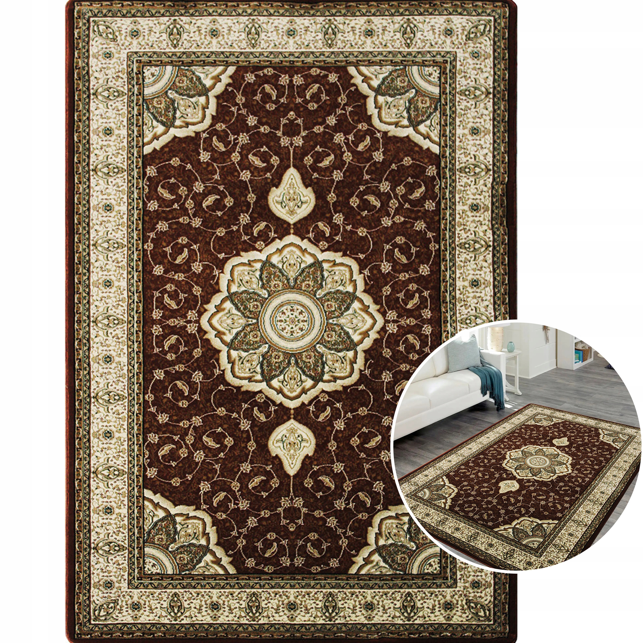 Klasyczny miękki dywan premium do salonu rozeta brązowo-kremowy 200x300