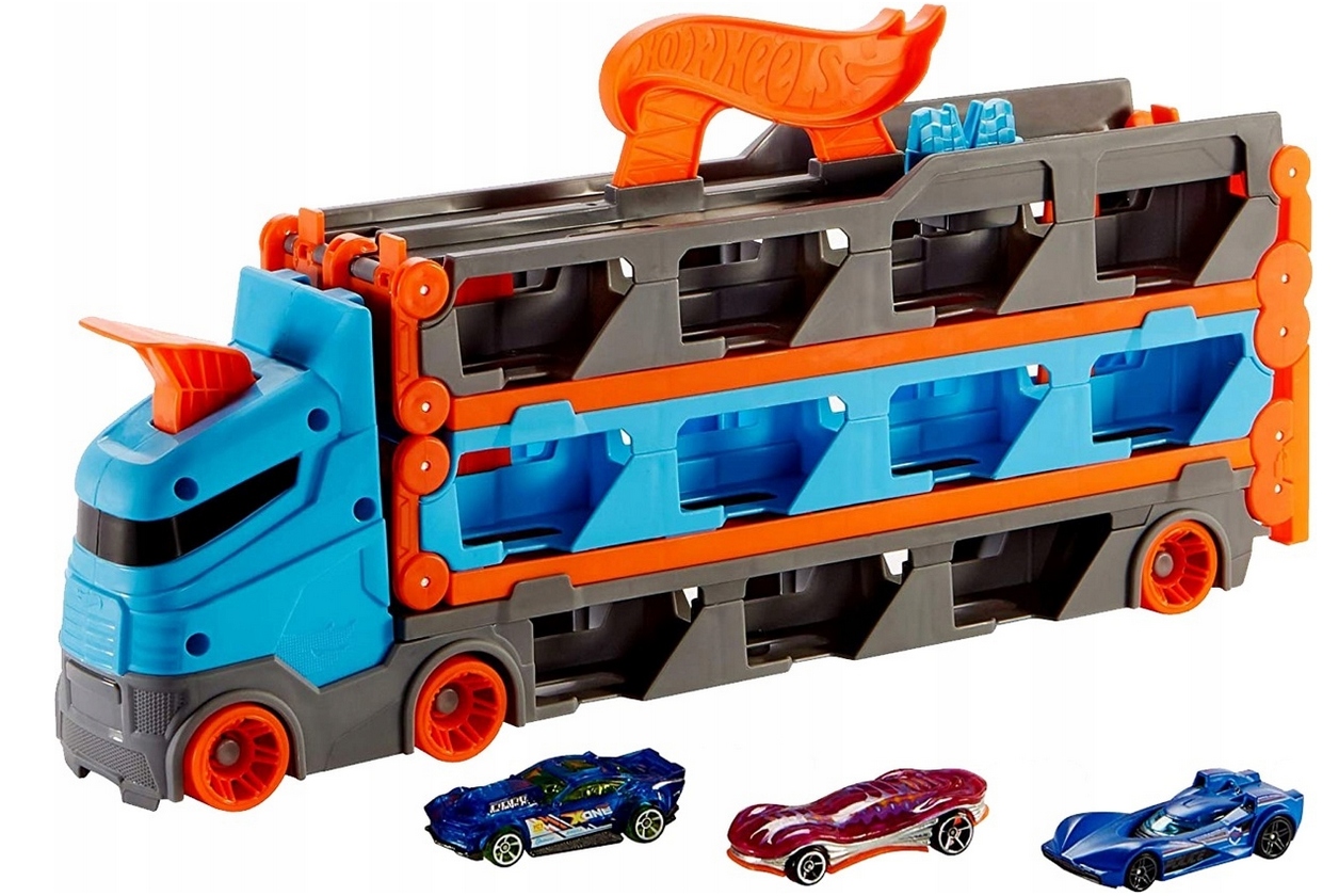 HOT WHEELS TIR TRANSPORTER TOR WYŚCIGOWY + 3 AUTKA RESORAKI SAMOCHODY