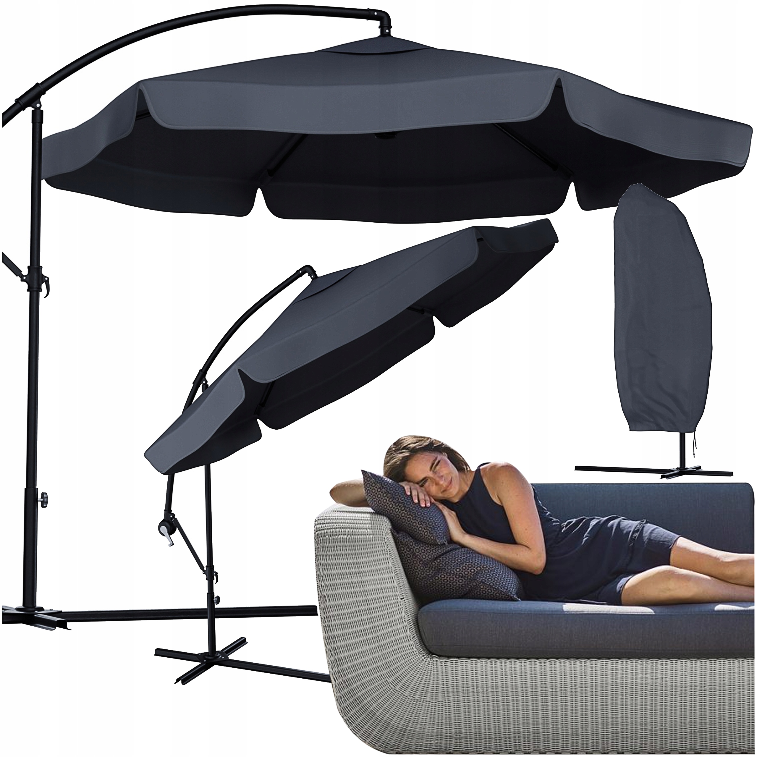 Parasol Ogrodowy Duży Składany 350cm Z Wysięgnikiem Antracyt Pokrowiec