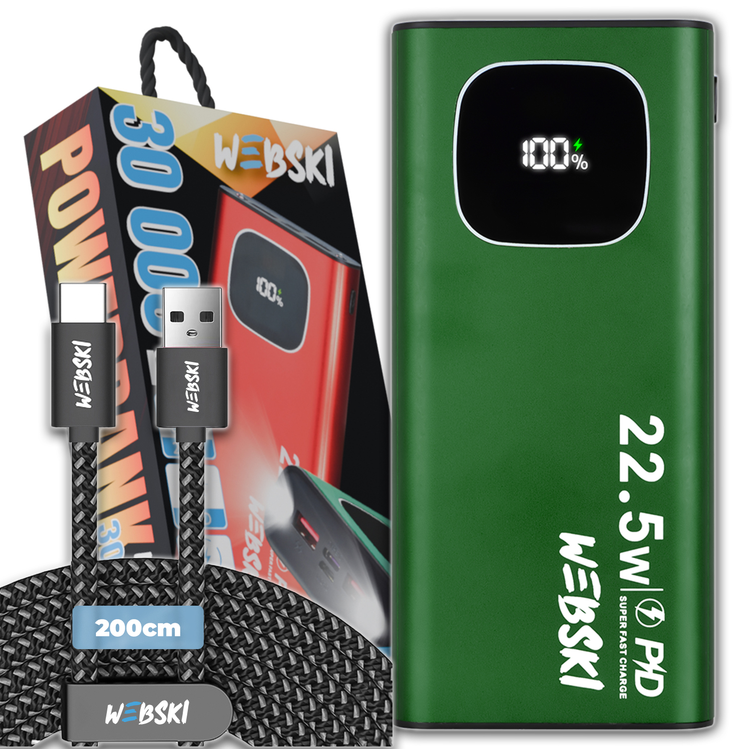 Powerbank 30 000 Mah 2X Usb Usb-c Rychlé Nabíjení Pd Usb Kabel Usb-c 2M 200 CM