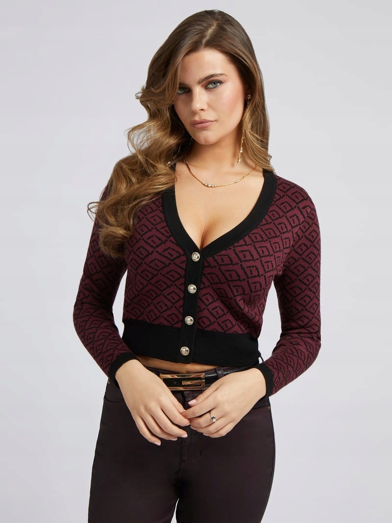 Guess Vínový Svetr Knoflíky Vzor (L)