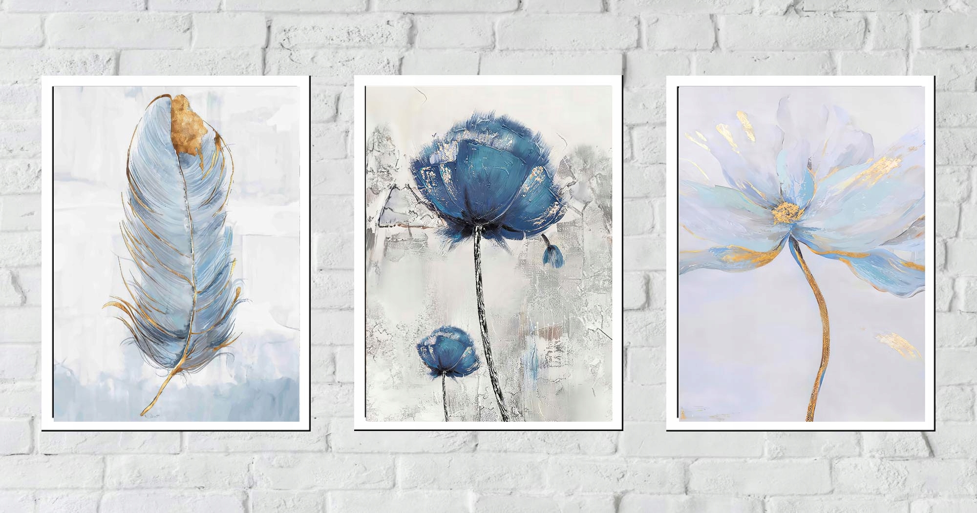 30x40 ZESTAW OBRAZY W RAMIE PLAKATY RAMKA NIEBIESKI KWIAT PIÓRA NATURA BOHO Wysokość produktu 40 cm