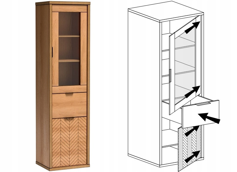 witryna salonu słupek przeszklony regał Fonti 02 Głębokość mebla 40.6 cm