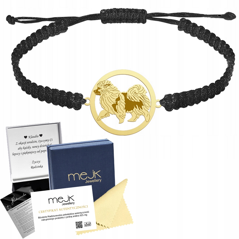 Zlatý náramek se psem Vlčí špic Stříbro 925 Dárek Makramé Gravírování