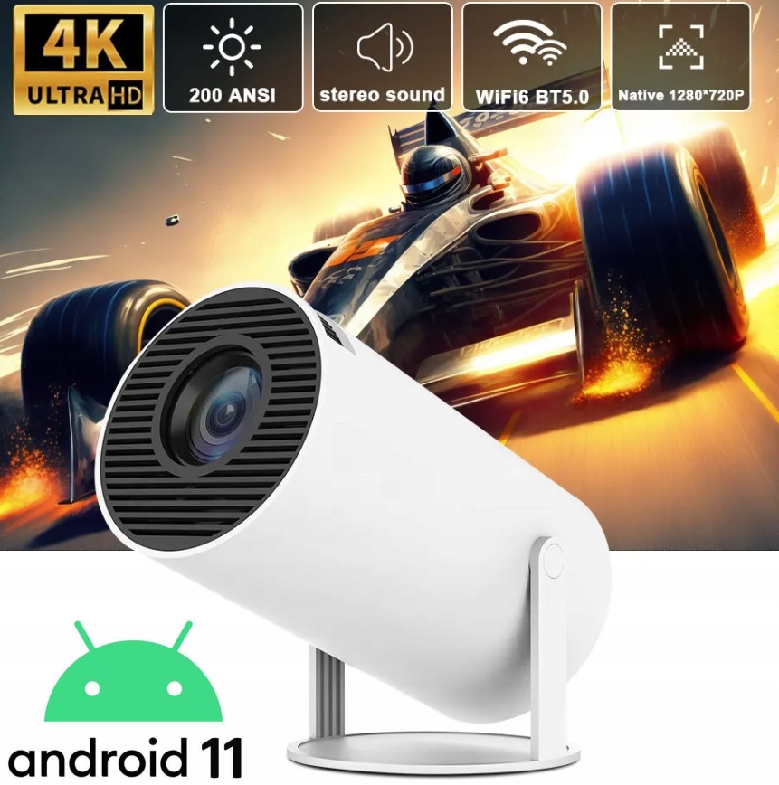PROJEKTOR RZUTNIK 4K ANDROID TV 11 Wifi6 2.4G/5.8G BT5.0 40-130" Kolor biały