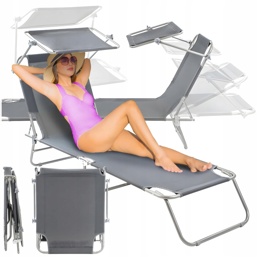 Leżak plażowy ogrodowy składany z daszkiem basenowy do opalania łóżko szare