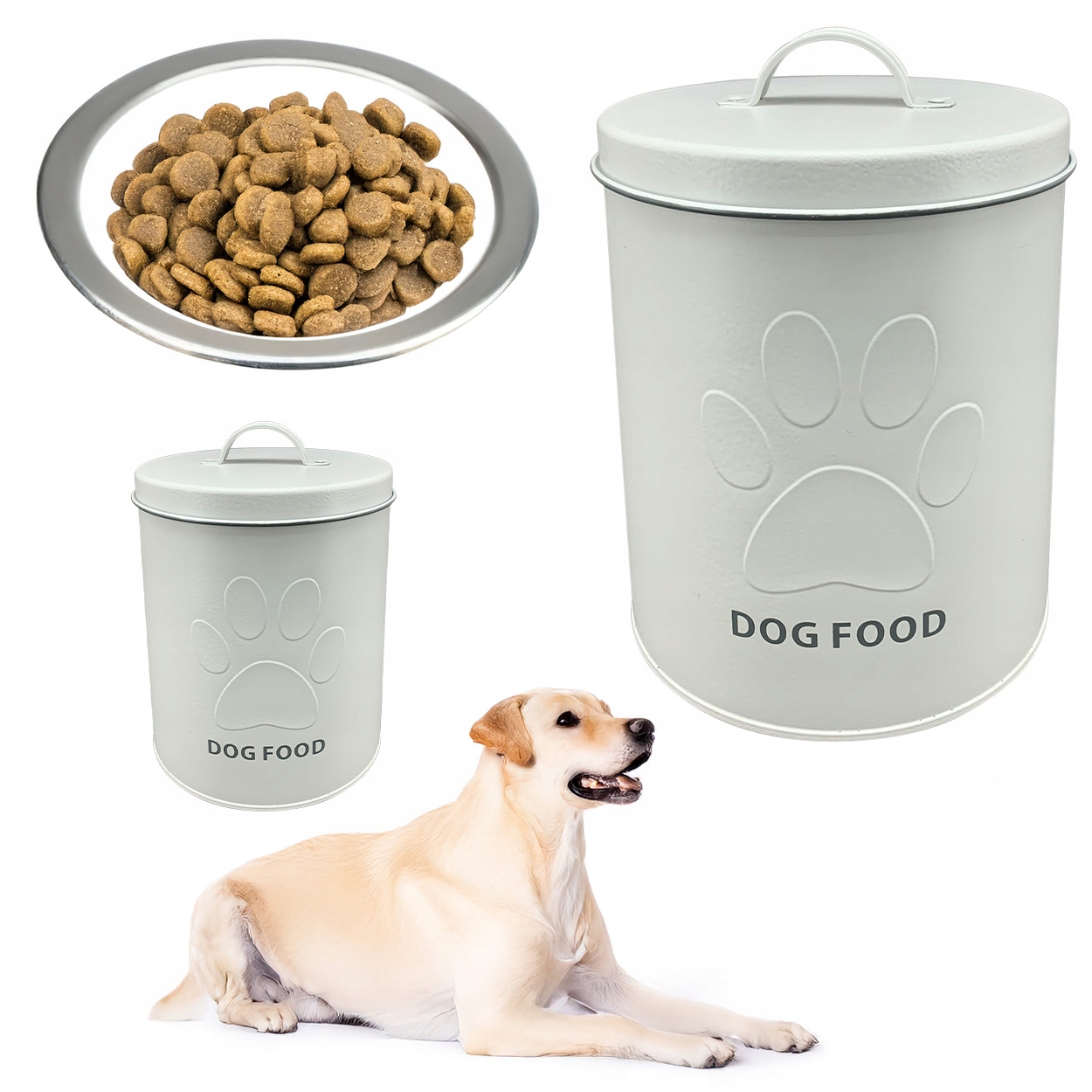 Duży metalowy pojemnik na karmę dla psa z pokrywką Dog Food h21 cm