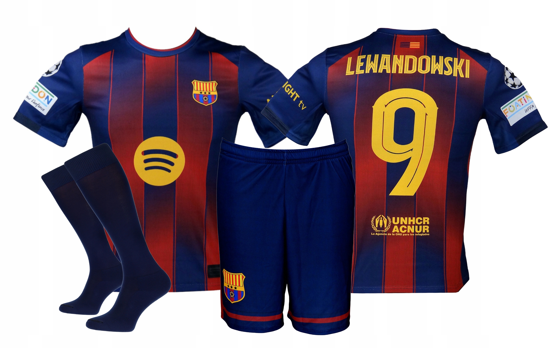 Lewandowski Barcelona (s) strój koszulka spodenki getry rozmiar 140