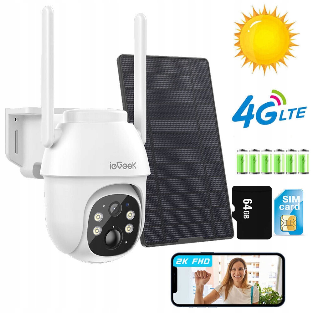 Zewnętrzna Kamera Solarna Obrotowa Gsm 4G Lte Sim Na Karte 2K 3MPx 64GB Sd