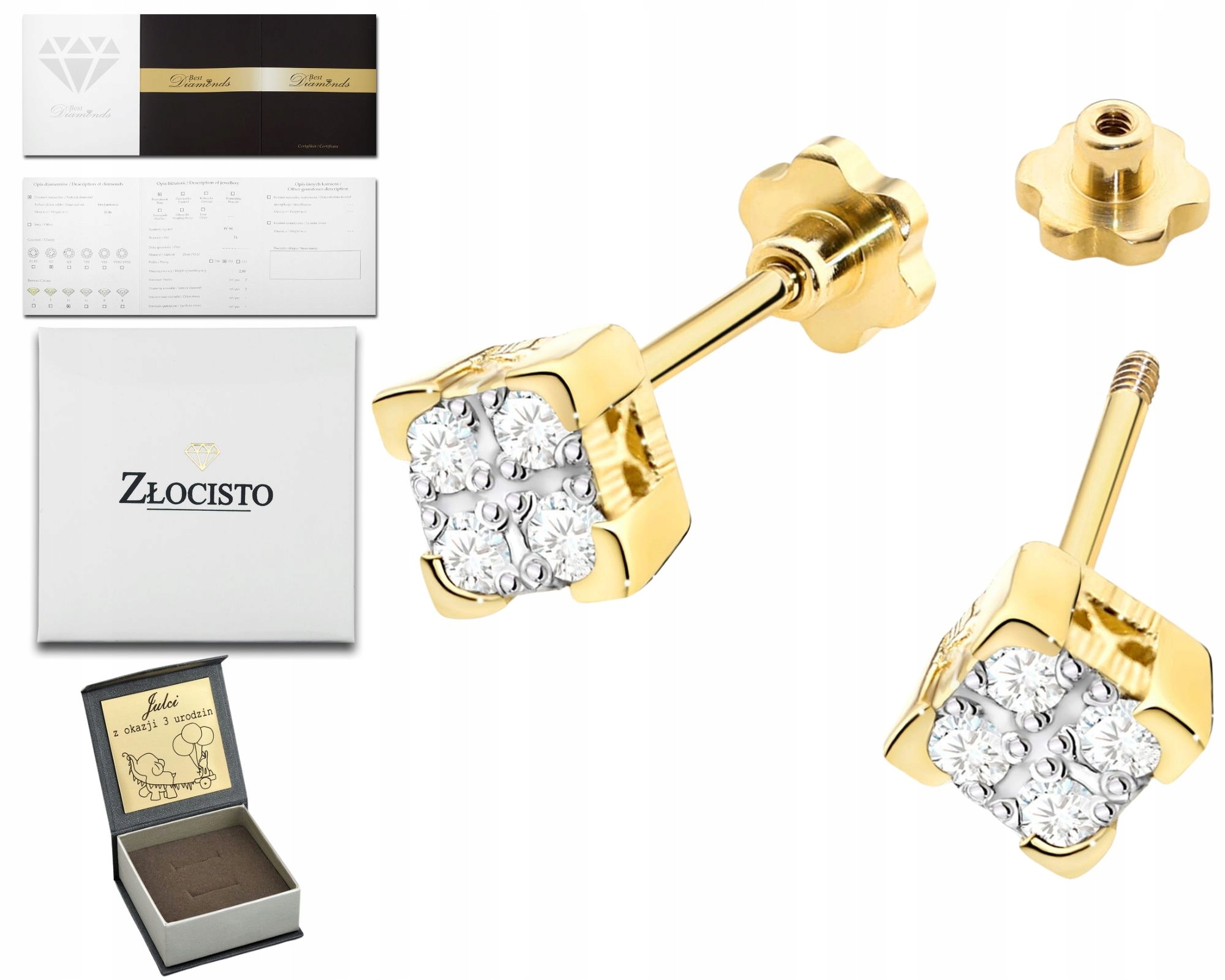 Zlaté Náušnice S Diamanty, Zlatá Šroubovací Tyčinka 585 Jako Dárek, Gravírování