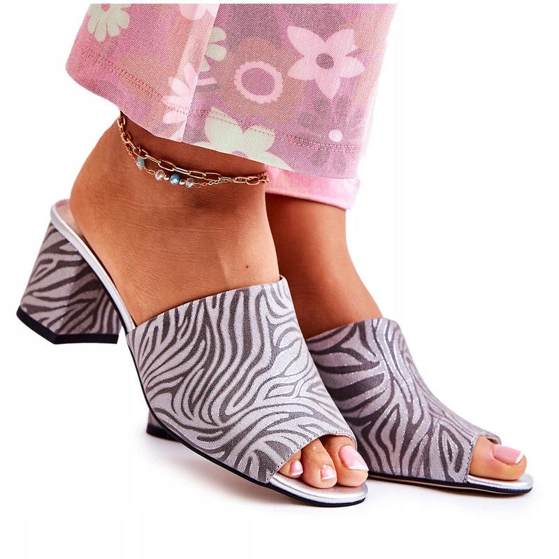 Kožené Semišové Dámské Nazouváky Podpatek Zebra Šedé 41