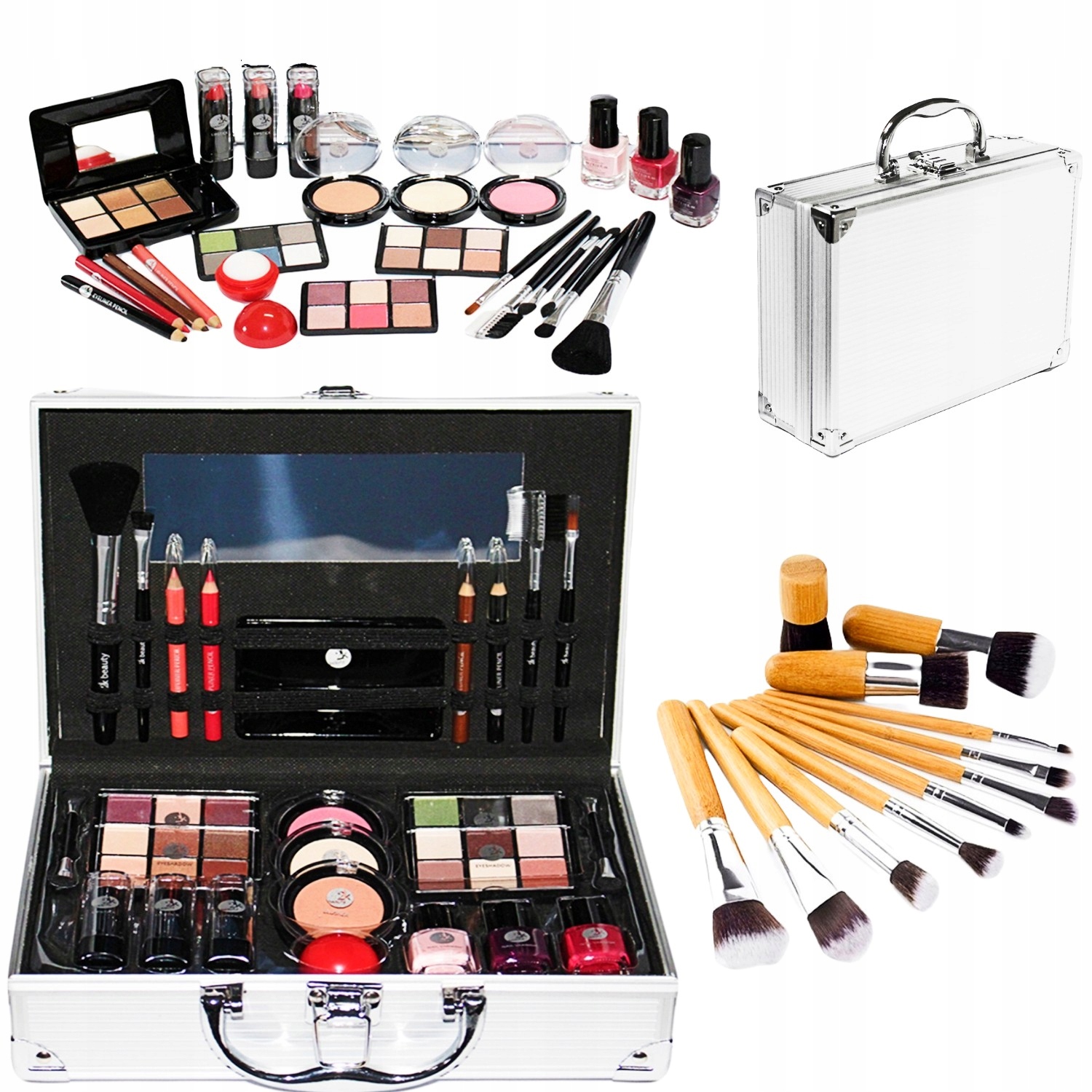 ZESTAW KUFEREK Z KOSMETYKAMI DO MAKIJAŻU + PĘDZLE