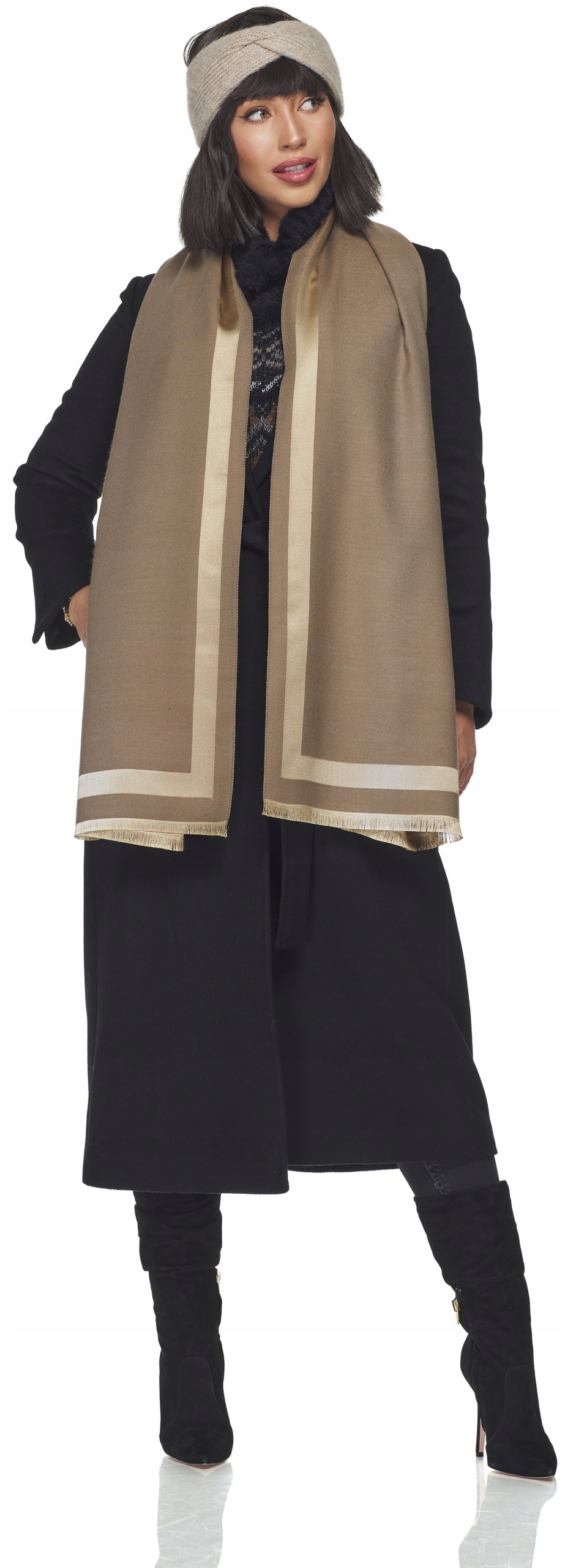 BEŻOWA OPASKA DAMSKA na głowę DZIANINA z dzianiny węzeł z przodu taupe Wzór dominujący inny wzór