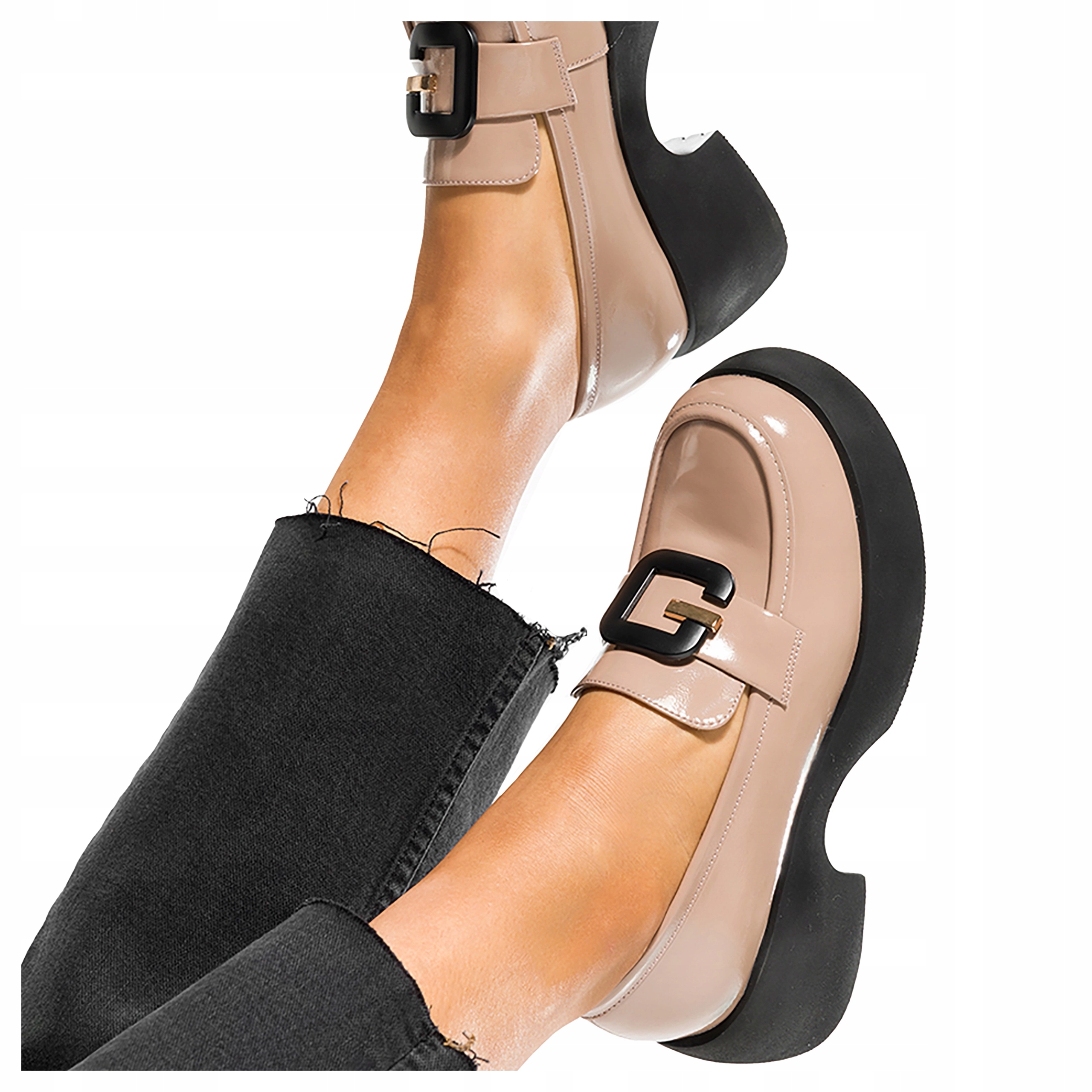 Mokasíny Kožené Béžové Lakované Široký Blok Pohodlné Stabilní vel 40