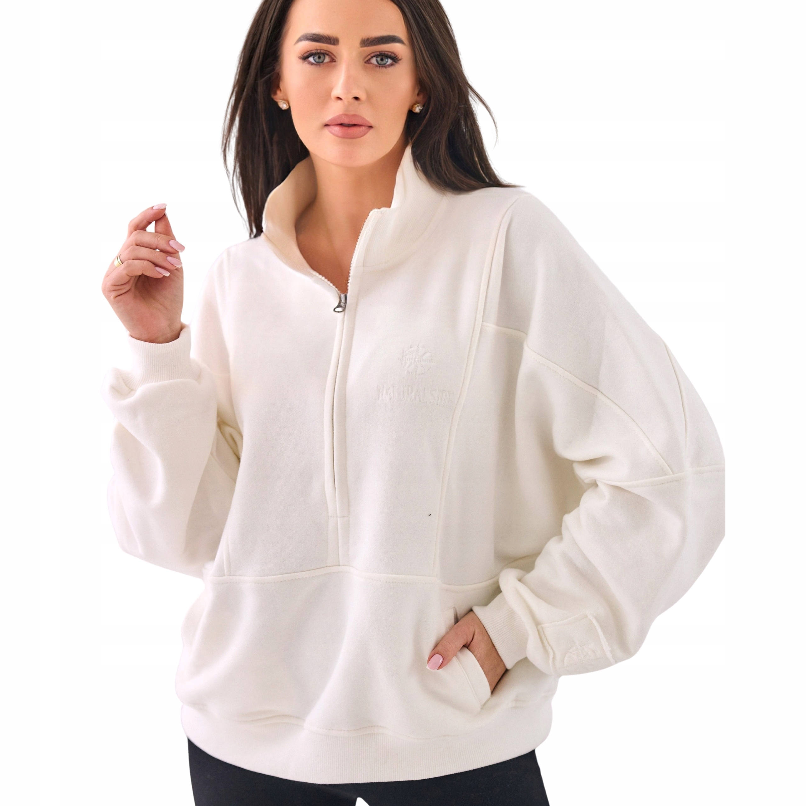 Mikina typu teplákovka s volným stojáčkem a prošíváním Premium, smetanová, velikost XL XXL