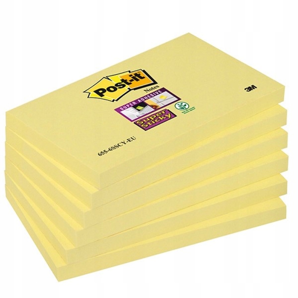 Karteczki samoprzylepne Post-it Super Sticky, kanarkowożółte, 76 mm x 127 mm, 90 arkuszy/bloczek, 12 bloczków/opakowanie, opakowanie kartonowe – 100% PEFC, SGSCH-PEFC-COC-110078