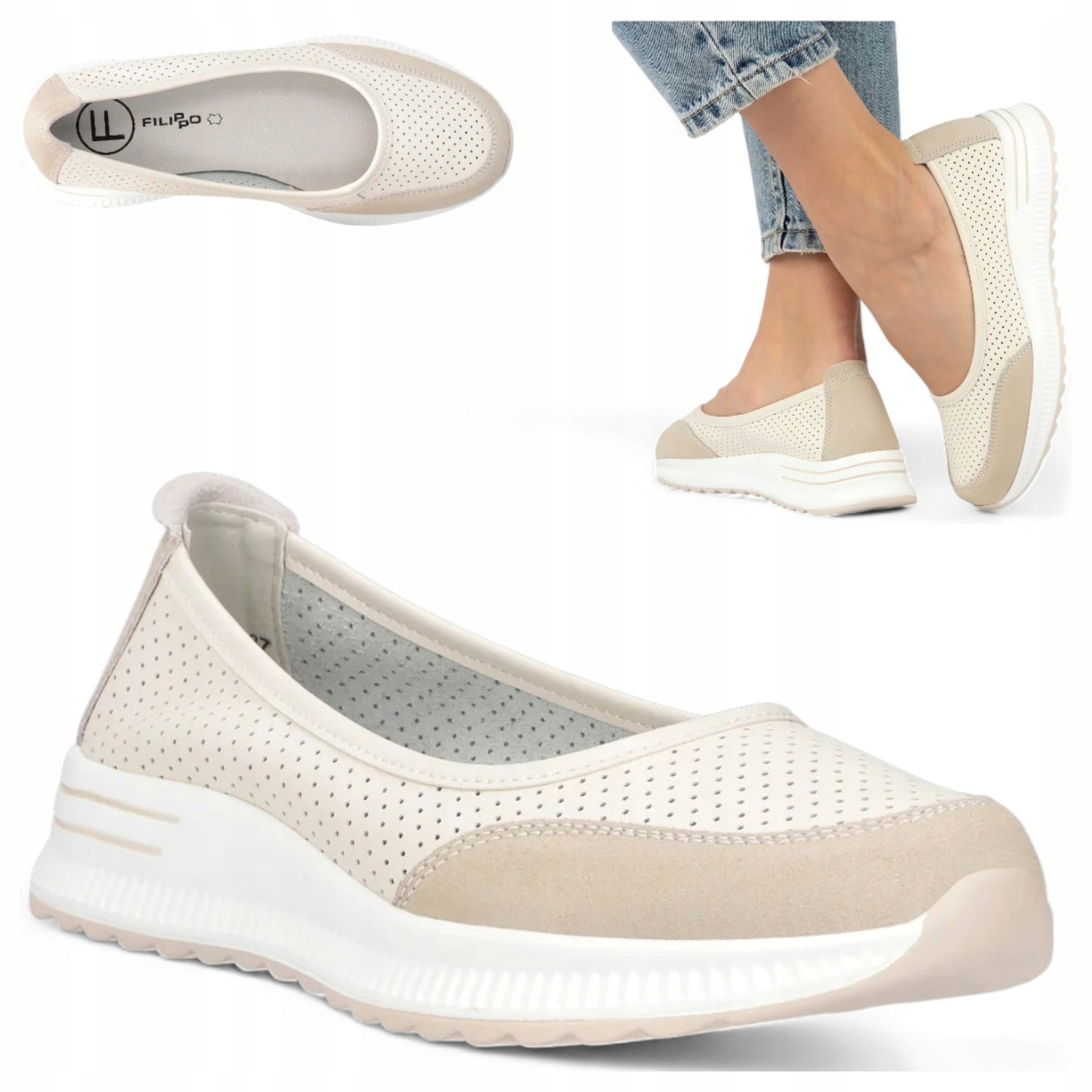 Baleriny Damskie Skórzane 38 Filippo Ażurowe półbuty sportowe na koturnie