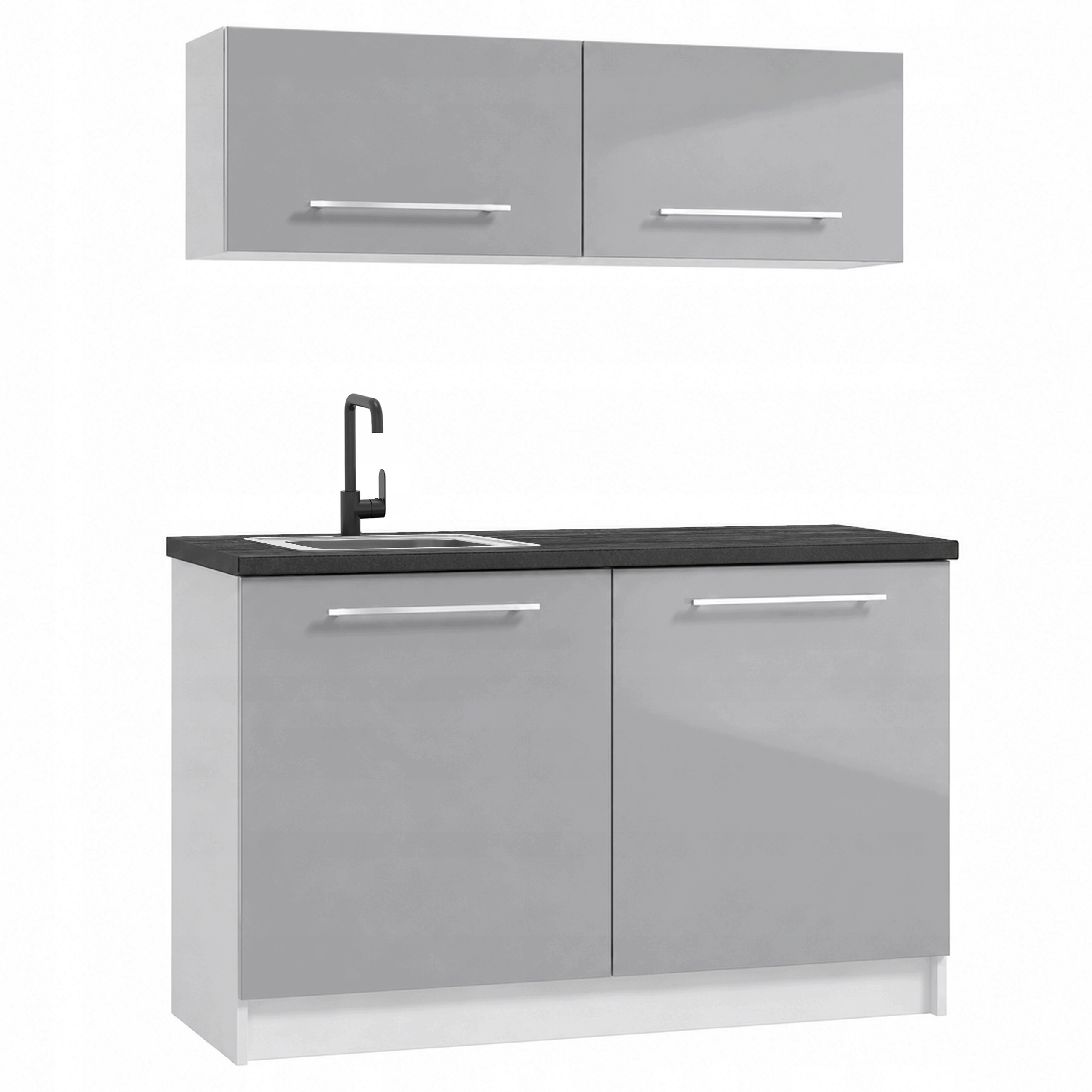 Zestaw Szafek Mebli Kuchennych 120 cm Szary Połysk Blat Czarny Beton
